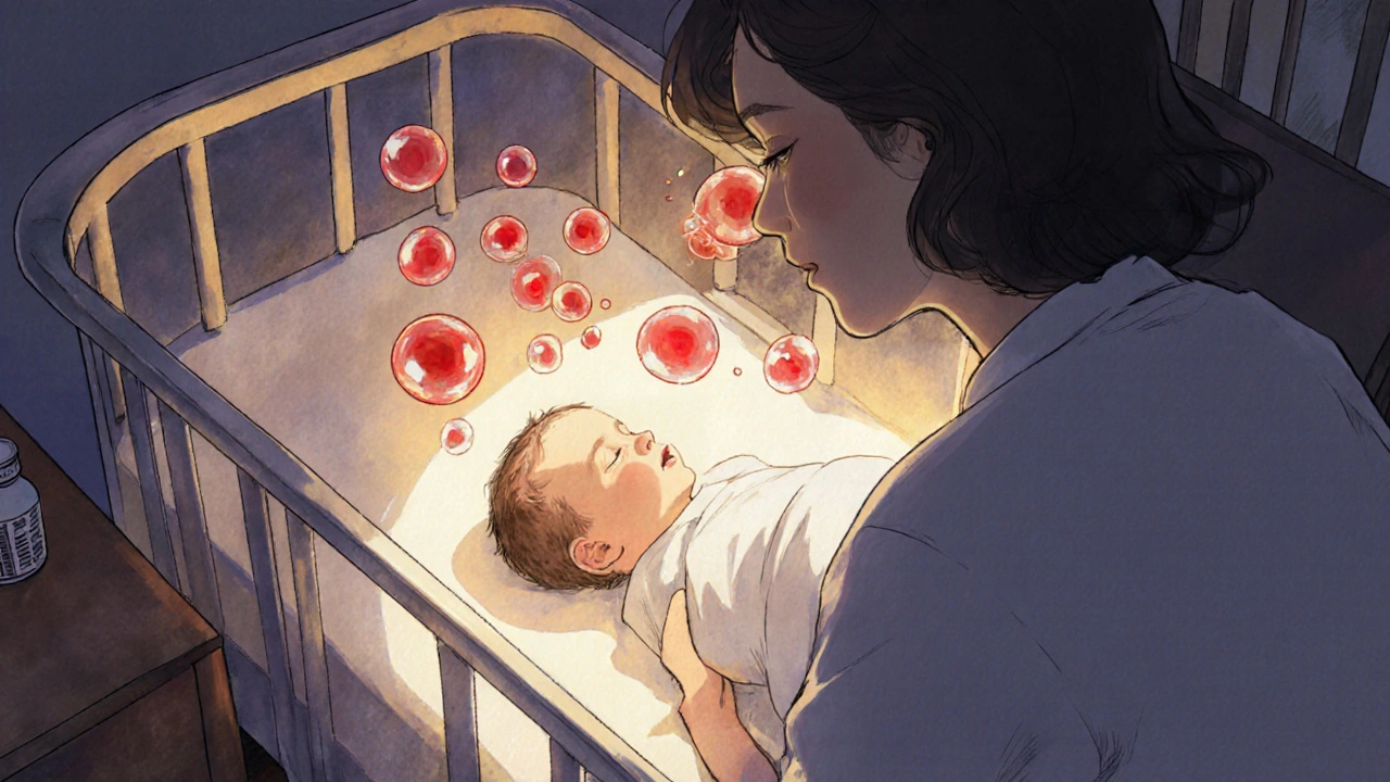 A breastfeeding mother with her newborn, nitrofurantoin bottle nearby, safe red blood cells glowing.