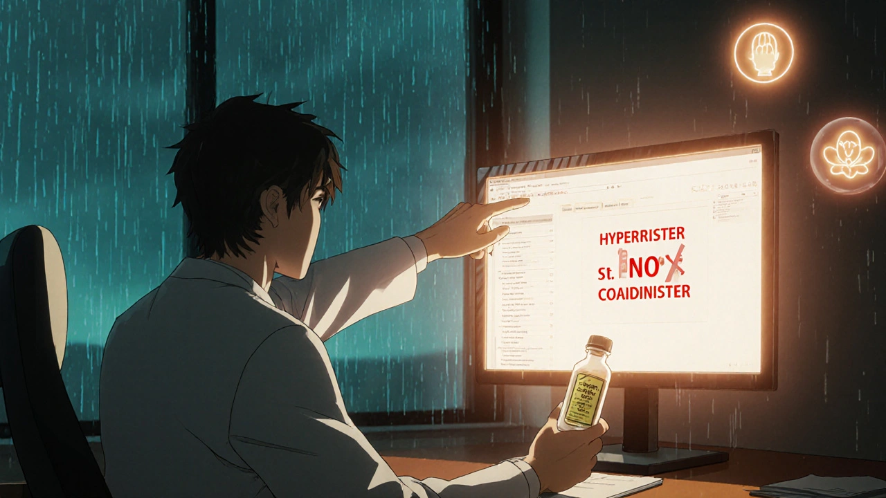 A doctor warns a patient about dangerous herb-drug interactions, with an unlabeled supplement bottle on the table.