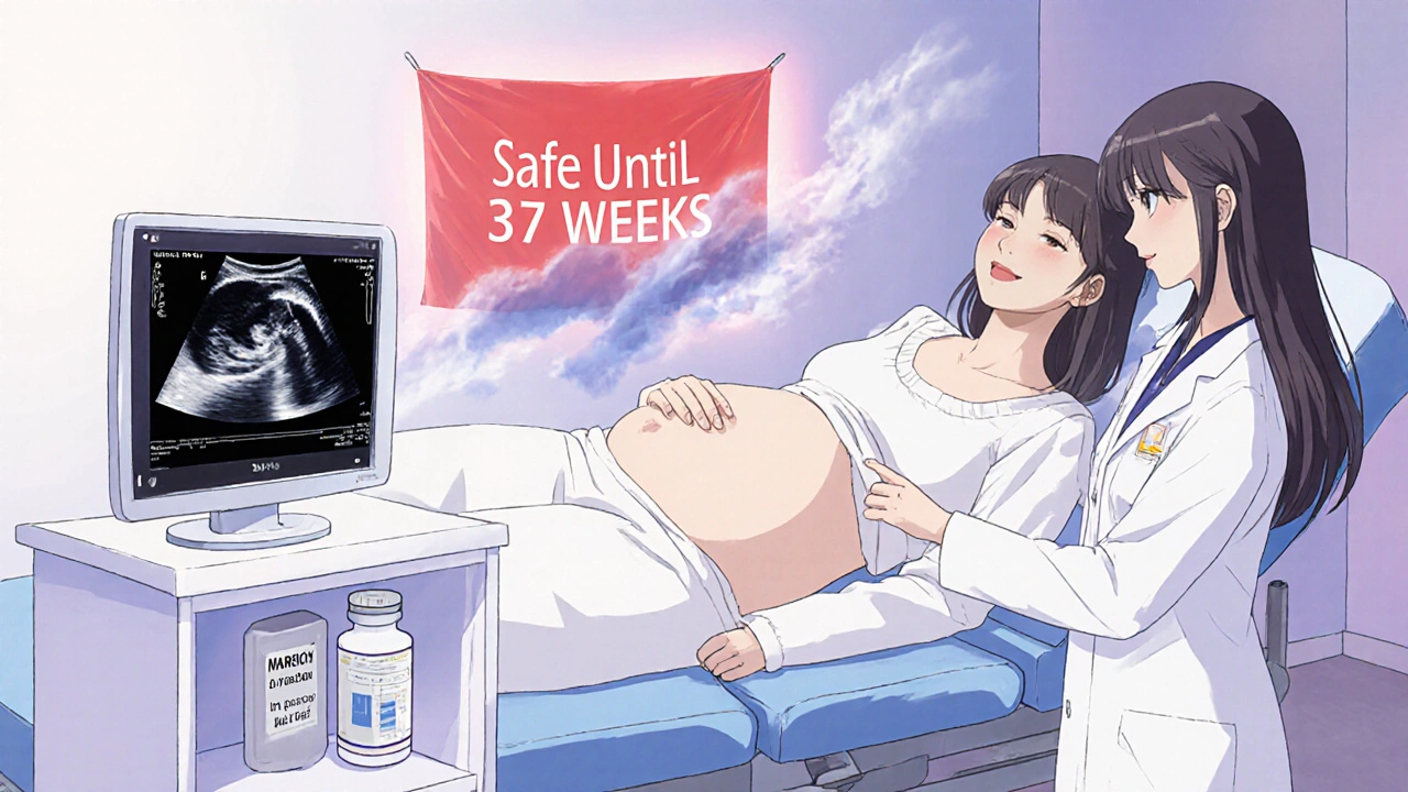 A pregnant woman getting an ultrasound with nitrofurantoin labeled &#039;Safe Until 37 Weeks&#039;.