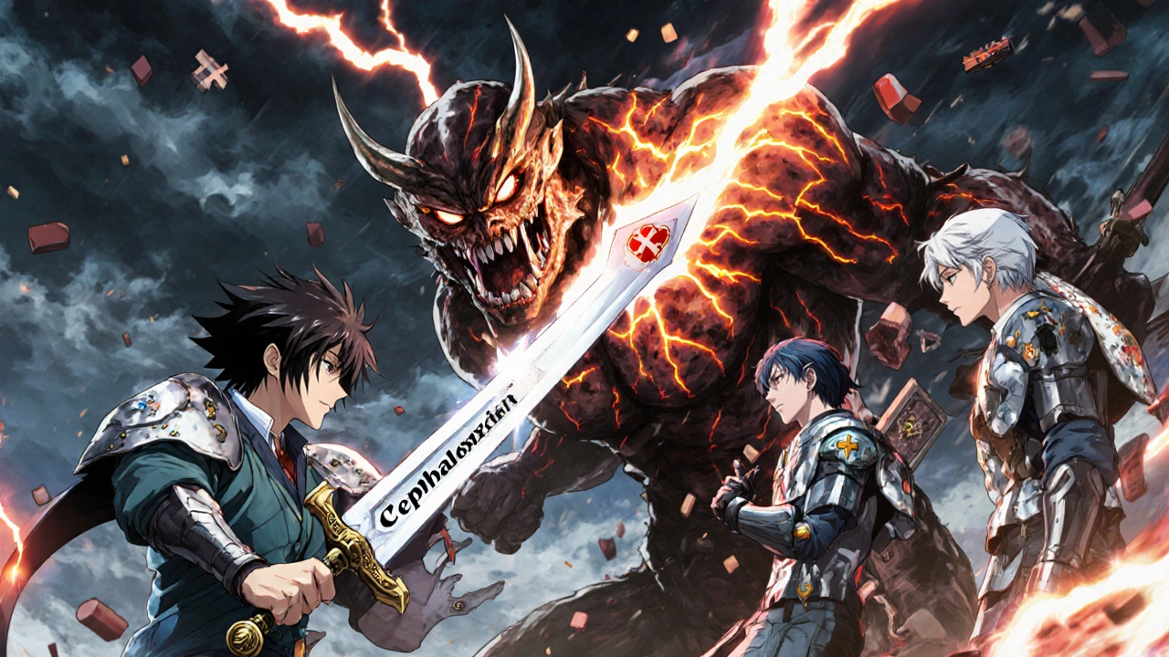 Cephalexin battling MRSA in a medical battle scene with other antibiotics as allies.