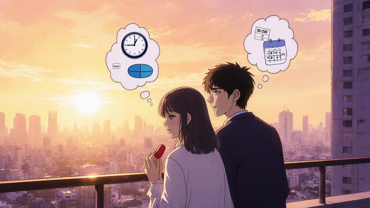 Couple relaxed on a balcony, each holding a different ED medication, contemplating choice