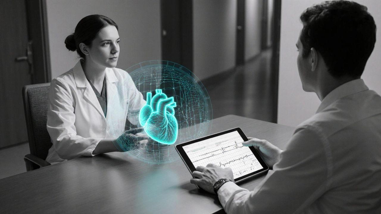 Doctor and patient discussing a heart schematic, with teal accents in a tritone style.