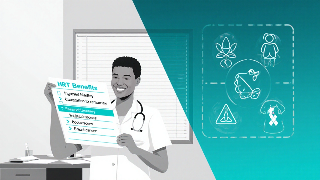 Doctor consulting patient with split view of HRT benefits and risks.