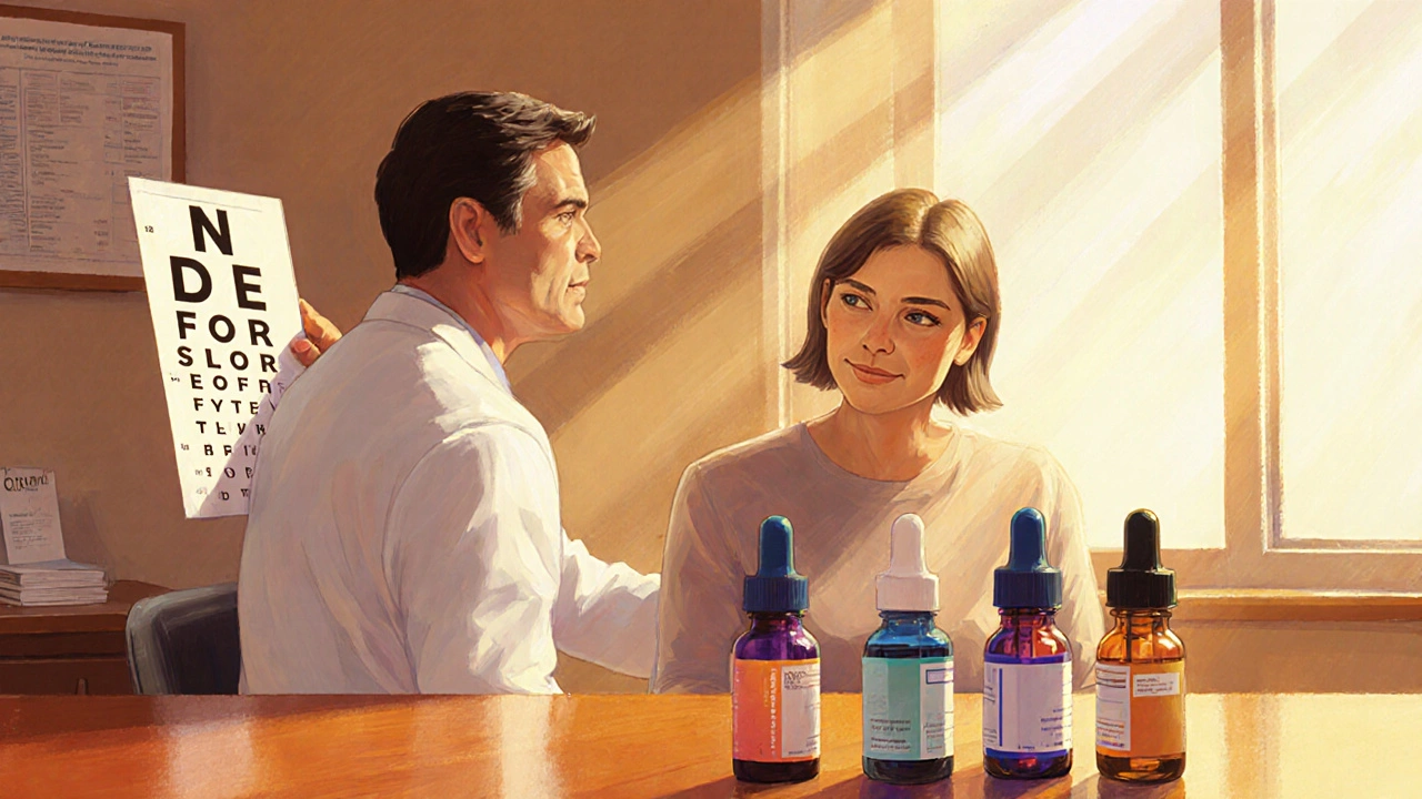 Doctor counseling a patient with eye‑drop bottles displayed on a table in a bright clinic.