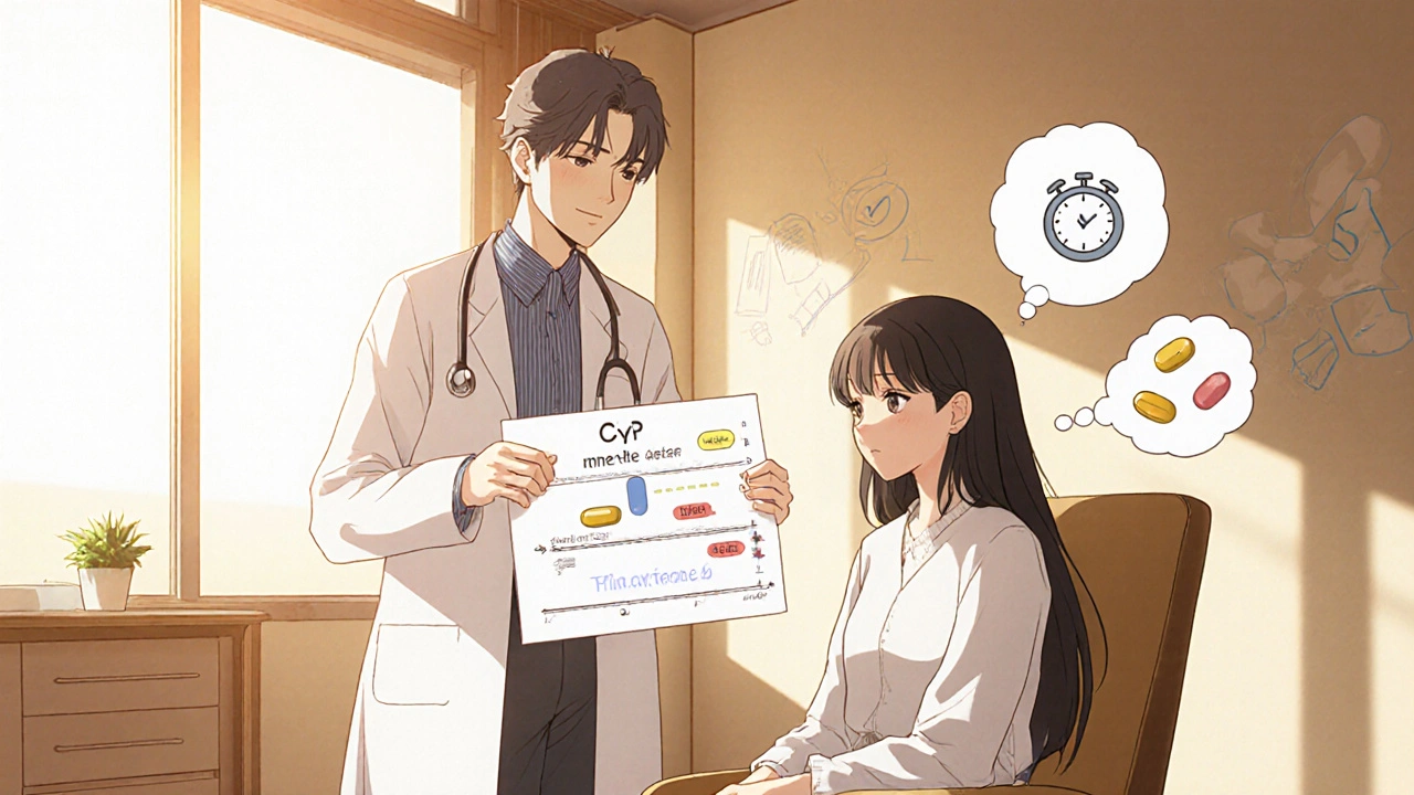 Doctor showing a cross‑taper timeline to a patient in a calm clinic setting.