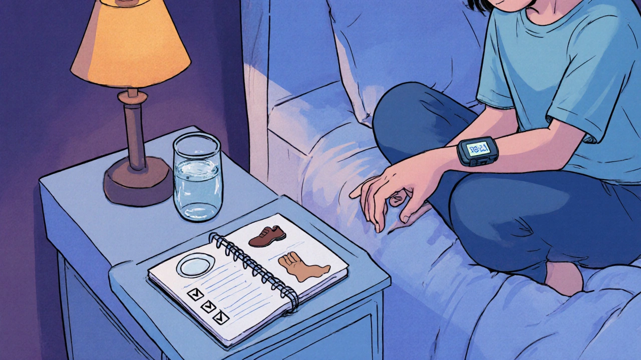 Evening scene of someone checking a glucose monitor beside a bedtime checklist.