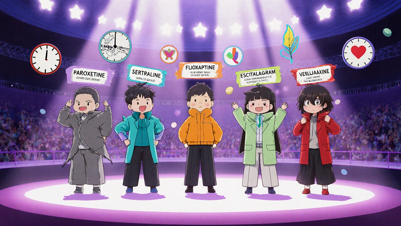Five anime characters representing different antidepressants with data icons in a comparison arena.