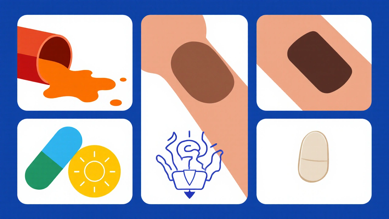 Five panels show Rifampicin, Clofazimine, Minocycline, Tetracycline, and Isoniazid with their side effects.