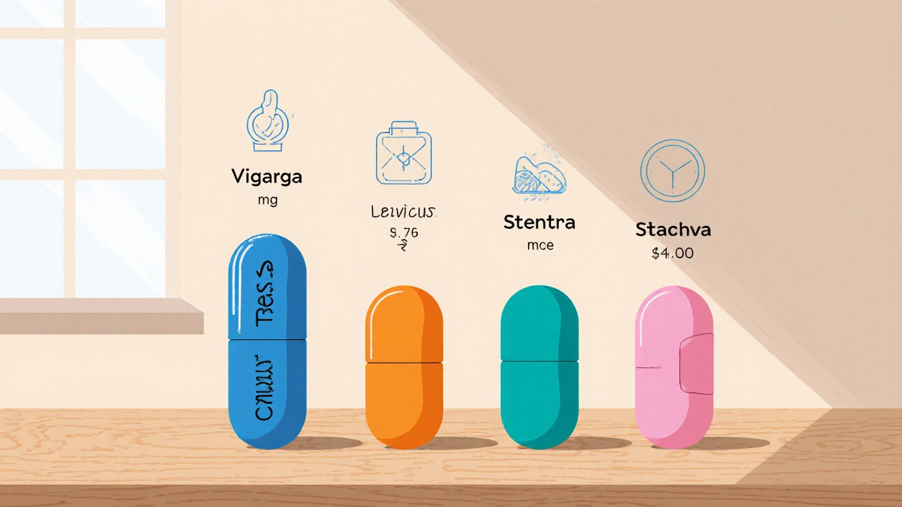 Flat‑lay of five pills with pastel icons indicating dosage, onset, and price.