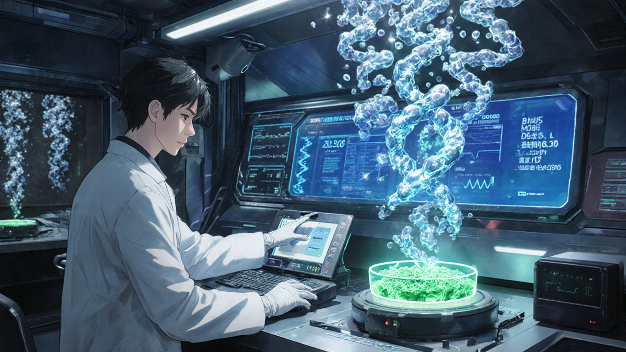 Futuristic lab scene with CRISPR editing, AI dosing display, and synthetic heparin molecules.