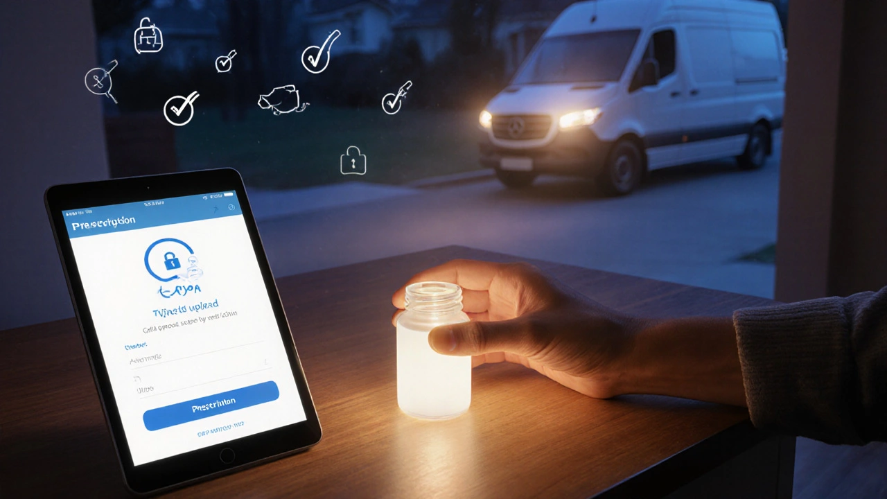 Hand placing sealed medication bottle on counter, tablet displaying upload icon, and delivery van in dusk light.