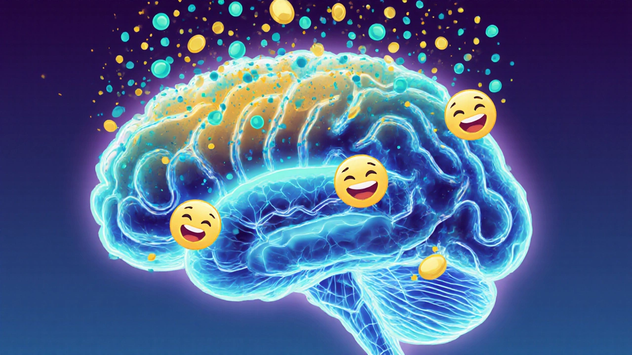 Illustration of a brain with dopamine and endorphins rising while cortisol drops during laughter.