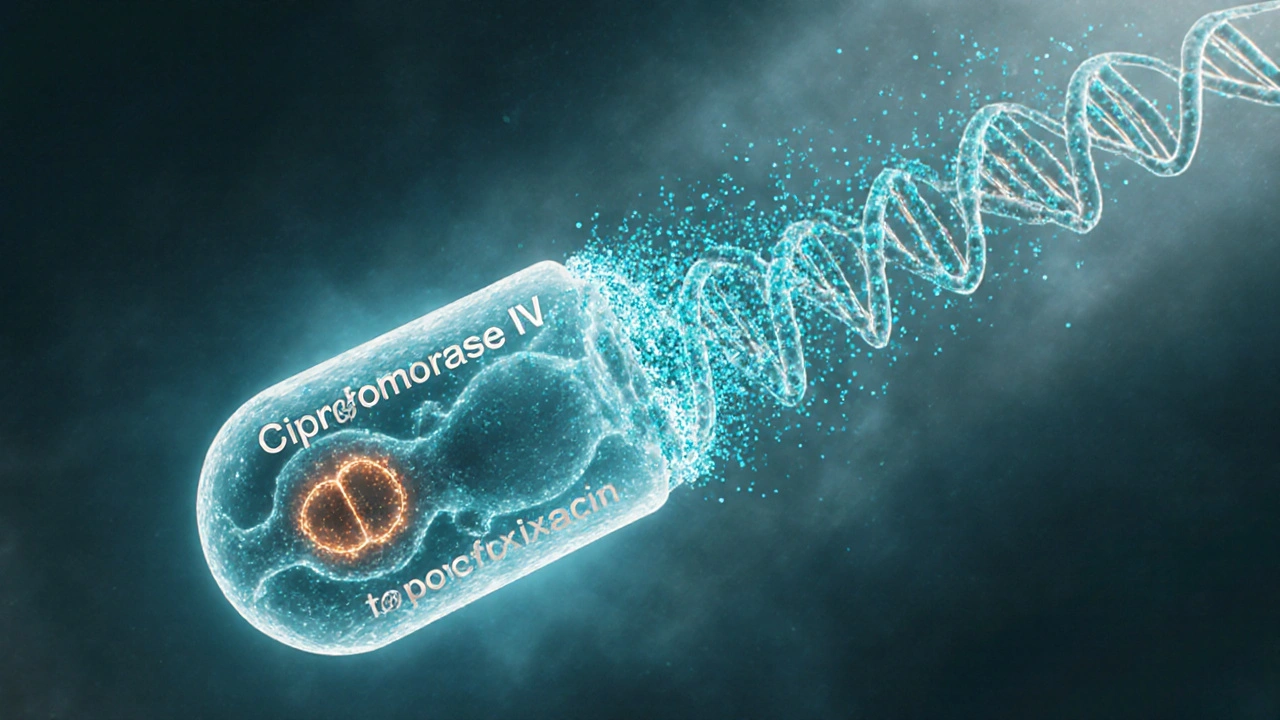 Illustration of ciprofloxacin molecules interacting with bacterial DNA enzymes inside a cell.