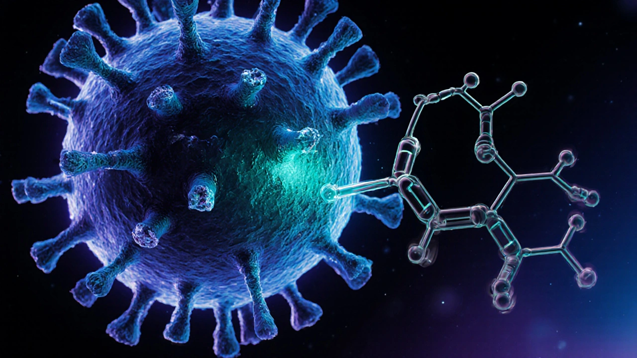 Illustration of nevirapine molecule binding to HIV reverse transcriptase.