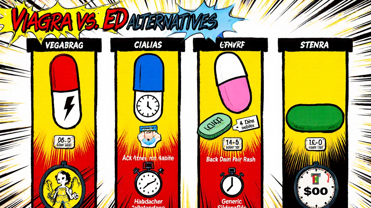 Lineup of Cialis, Levitra, Stendra, and generic sildenafil pills with icons of onset and duration