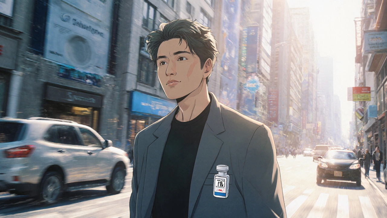 Man walking confidently through a city street after taking saxagliptin, feeling energized.