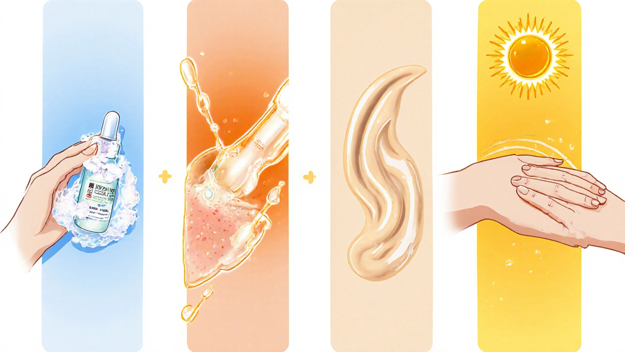 Manga-style panels illustrating a morning skincare routine: cleanse, vitamin C, hyaluronic acid, moisturizer, sunscreen.
