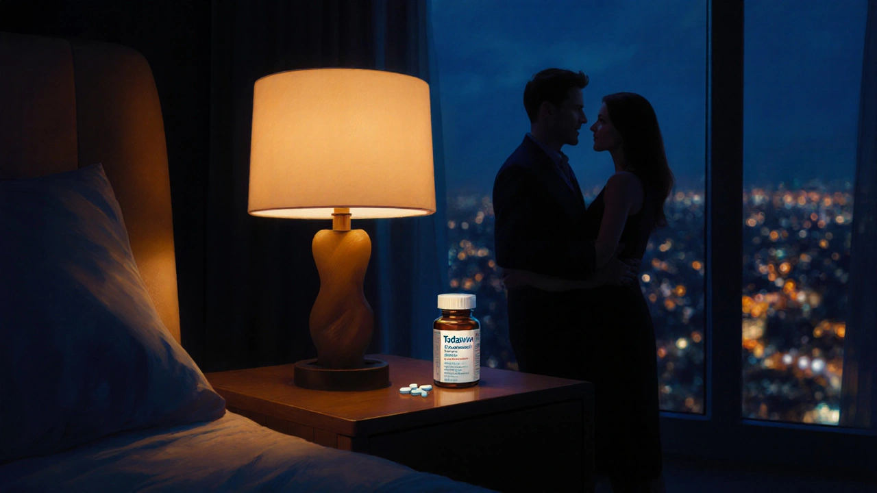 Nighttime bedroom scene with a Tadasiva bottle on a bedside table and a smiling couple silhouette.