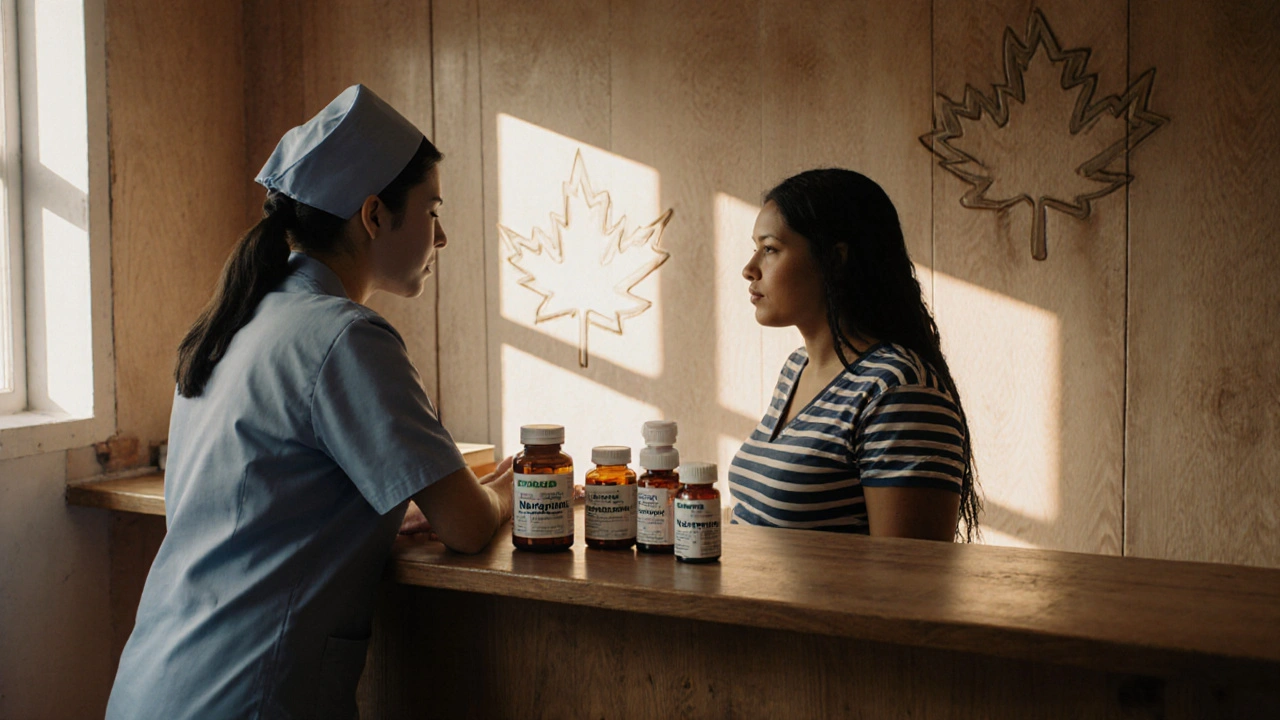 Nurse counseling pregnant woman while offering generic Nevirapine pills.