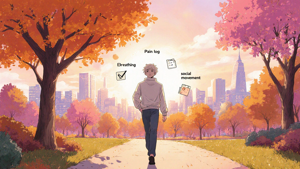 Patient confidently walking in a sunrise park, with floating icons representing a daily emotional care checklist.