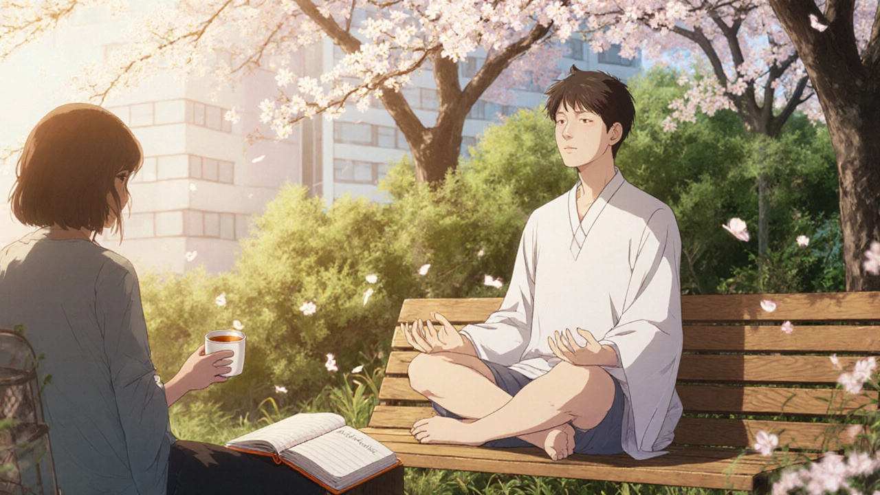 Patient practicing mindful breathing on a garden bench with cherry blossoms and a supportive friend nearby.