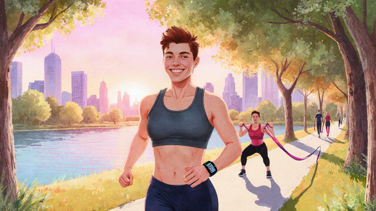 Person walking and using a resistance band in a colorful park illustration.