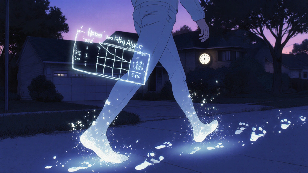 Person walking at dusk with glowing footprints and a fading HbA1c chart in the sky