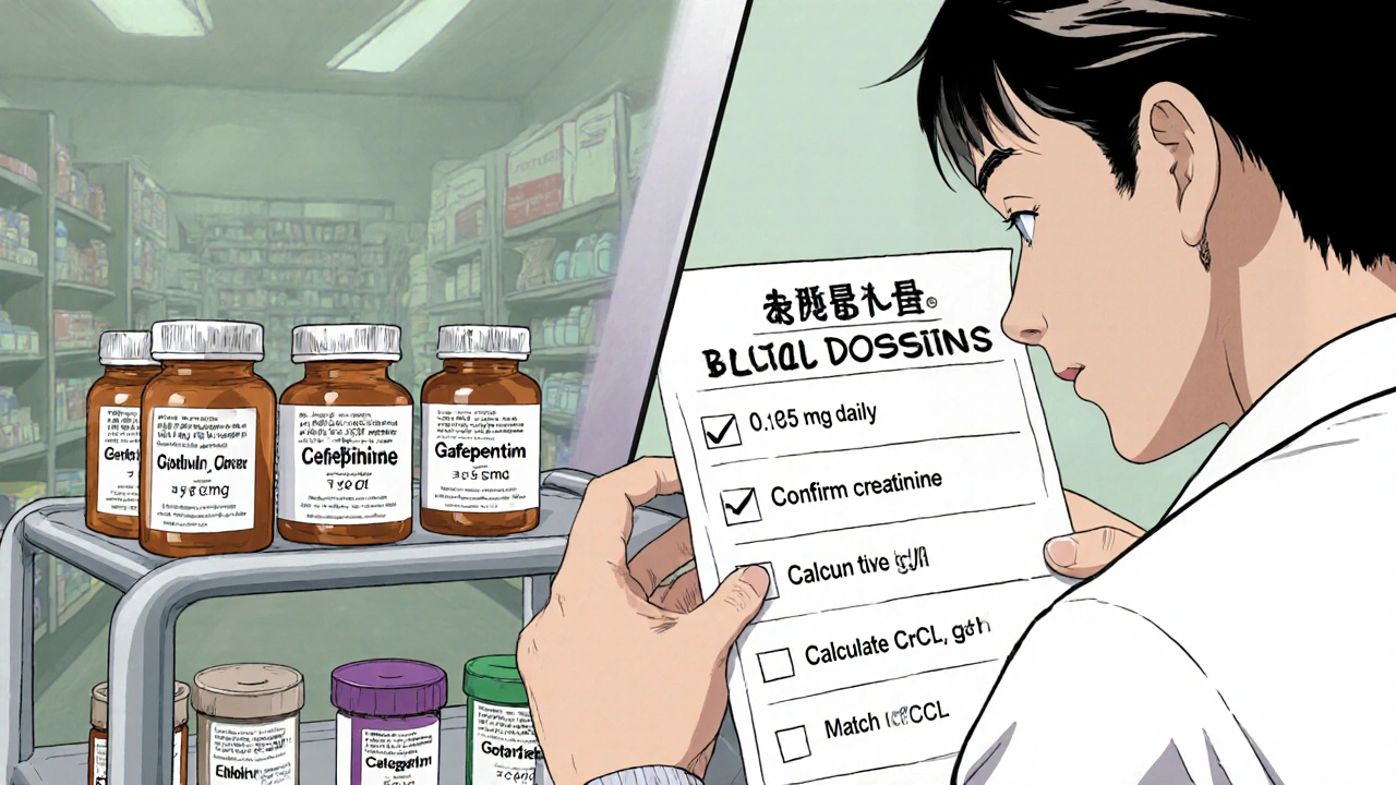 Pharmacist reviews adjusted doses for digoxin, lithium, cefepime, and gabapentin.