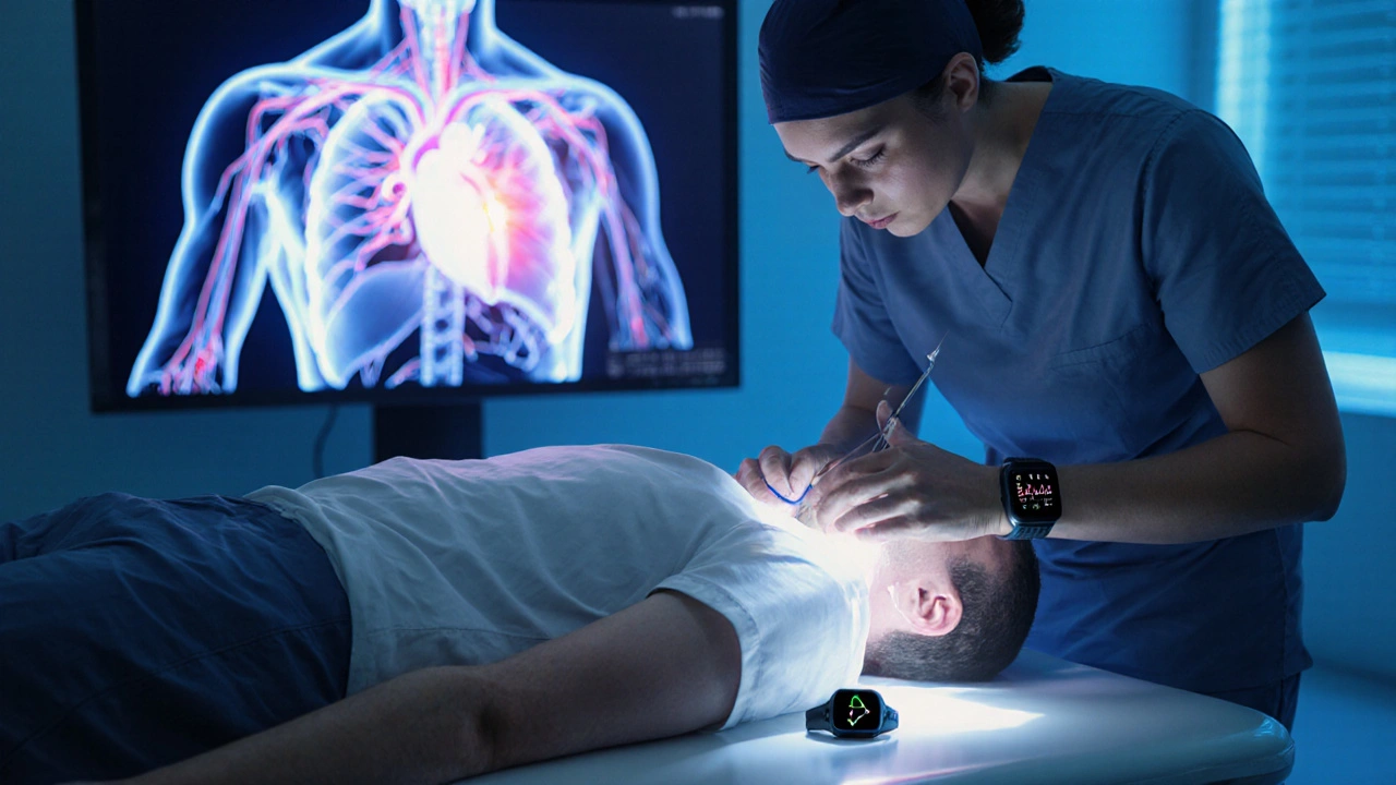 Physician performing catheter ablation while patient’s smartwatch displays pulse.