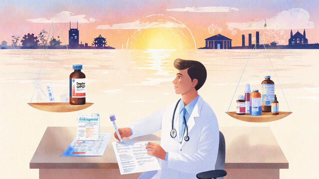 Physician reviews charts and a scale balancing Dapsone against alternatives, with sunrise indicating new drugs.