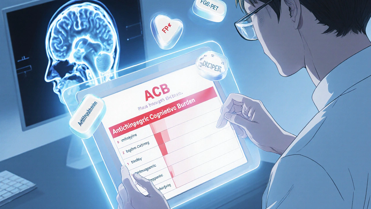 Professional reviews a holographic tablet showing ACB score with pill icons and brain scan.