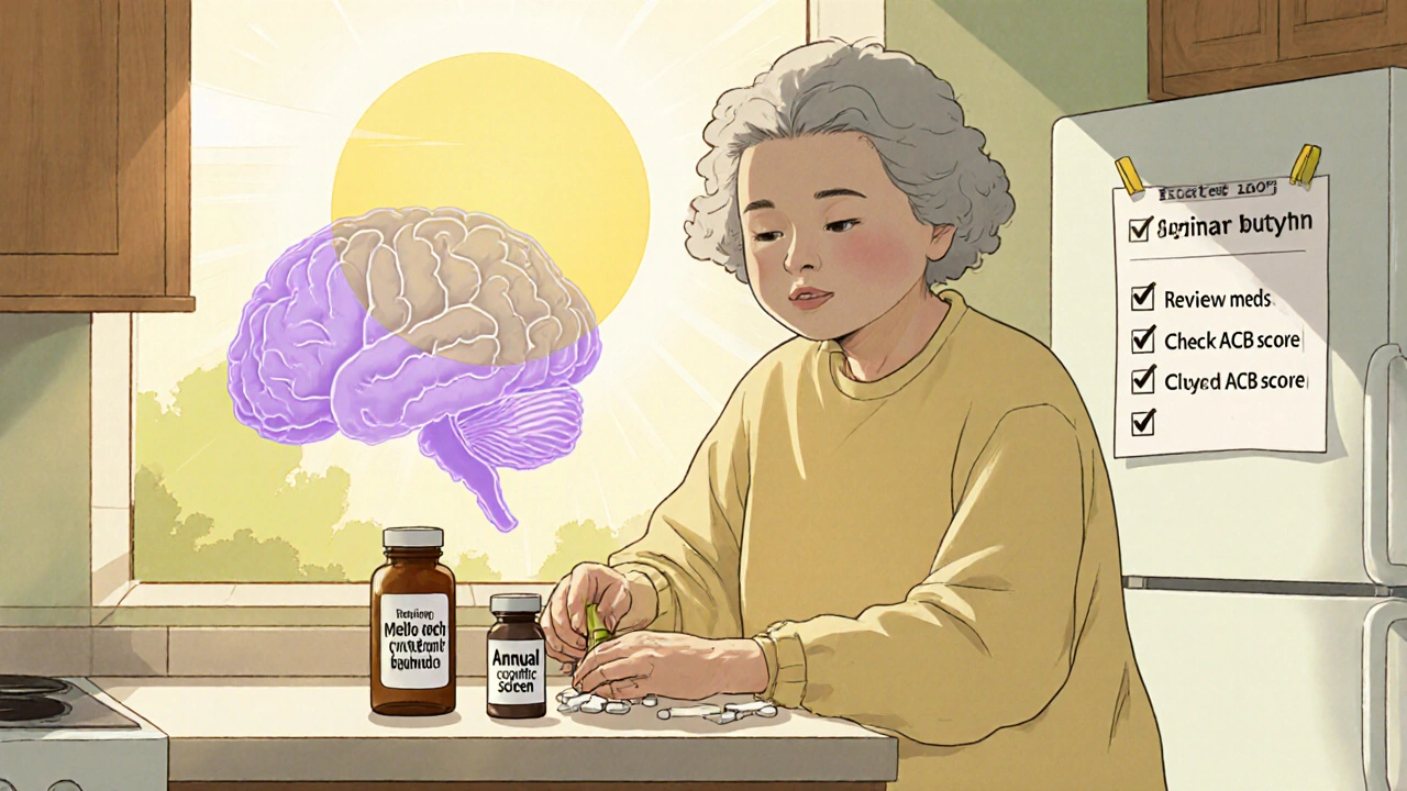 Senior woman swaps anticholinergic pill for mirabegron, sunrise brightens the room.