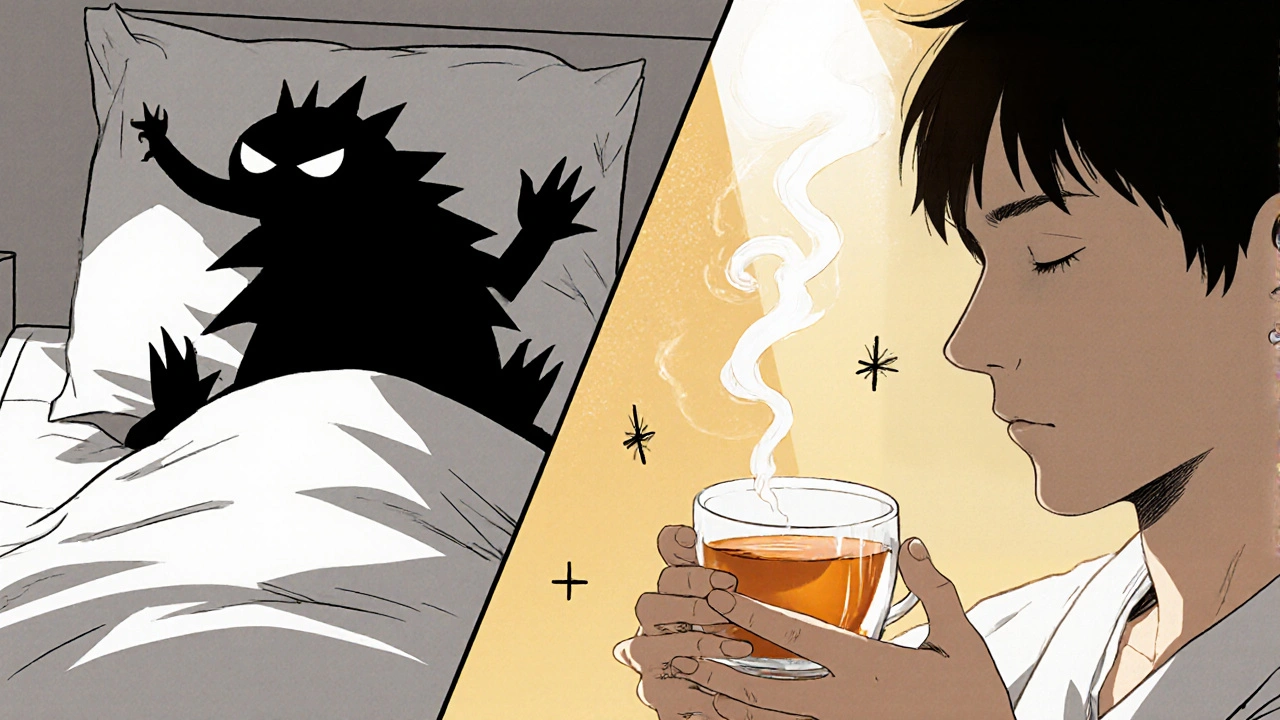 Split image of stress monster fading as person drinks tea in morning sunlight