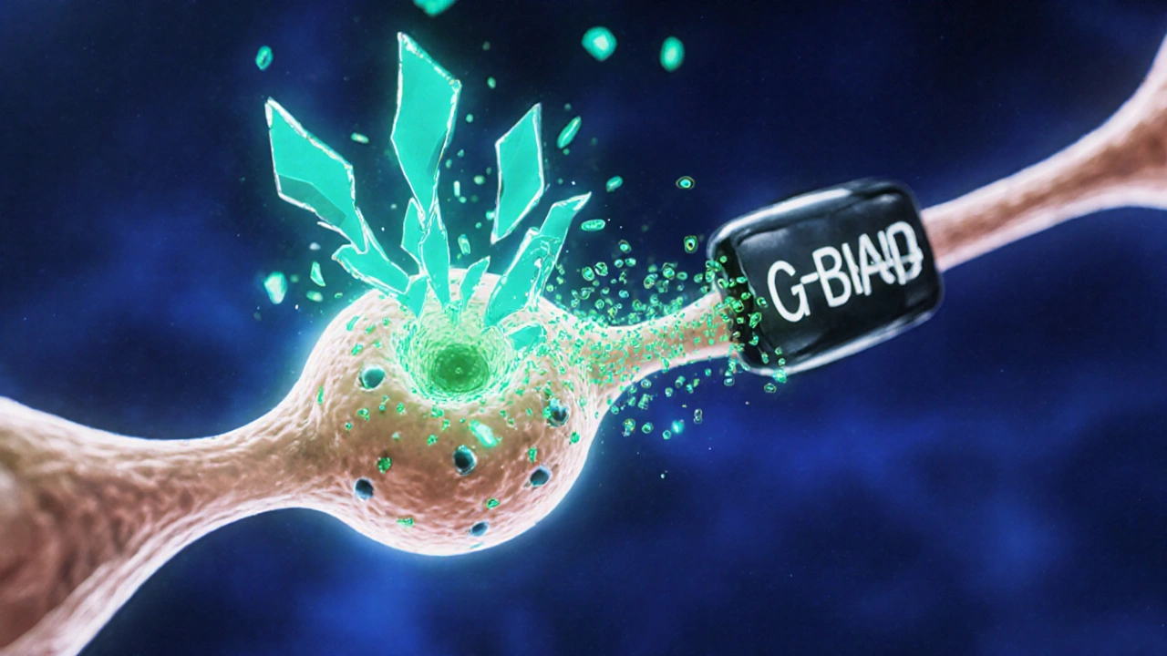 Synapse showing Primidone enhancing GABA receptors and blocking sodium channels.