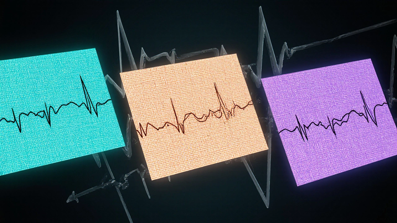 Three ECG strips showing SVT, atrial fibrillation, and atrial flutter patterns.