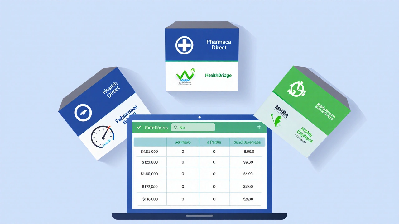 Three pharmacy delivery boxes with MHRA checkmarks and icons, beside a laptop showing a comparison table.