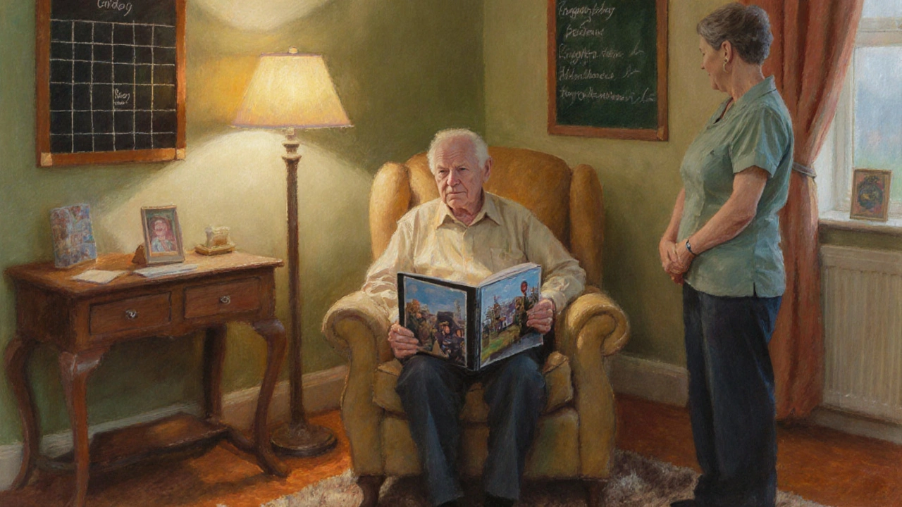 Warm scene of a senior reminiscing in a care home's Comedy Corner after laughter therapy.