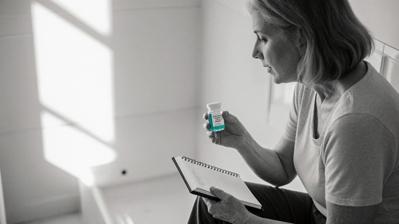 Woman applying vaginal estrogen while holding a bladder diary notebook.