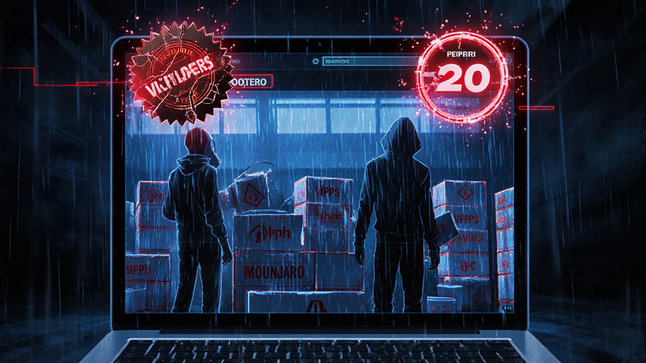 A dark online pharmacy website with fake seals and shipping packages labeled as fake weight-loss drugs.