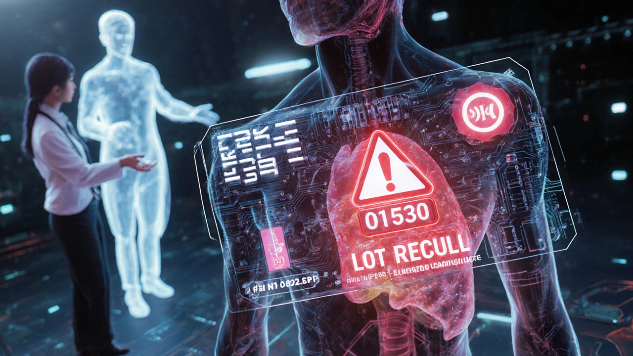 A holographic implant display with a pulsing lot number and FDA alert symbols hovering above a patient&#039;s chest.