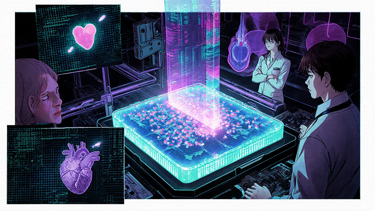A lab device simulating placental drug transfer with holographic data and fetal monitoring.