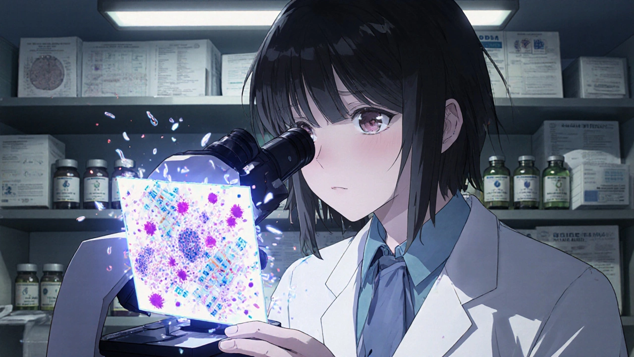 A pathologist examining a brain tumor biopsy under a microscope, with holographic genetic data floating in the air.