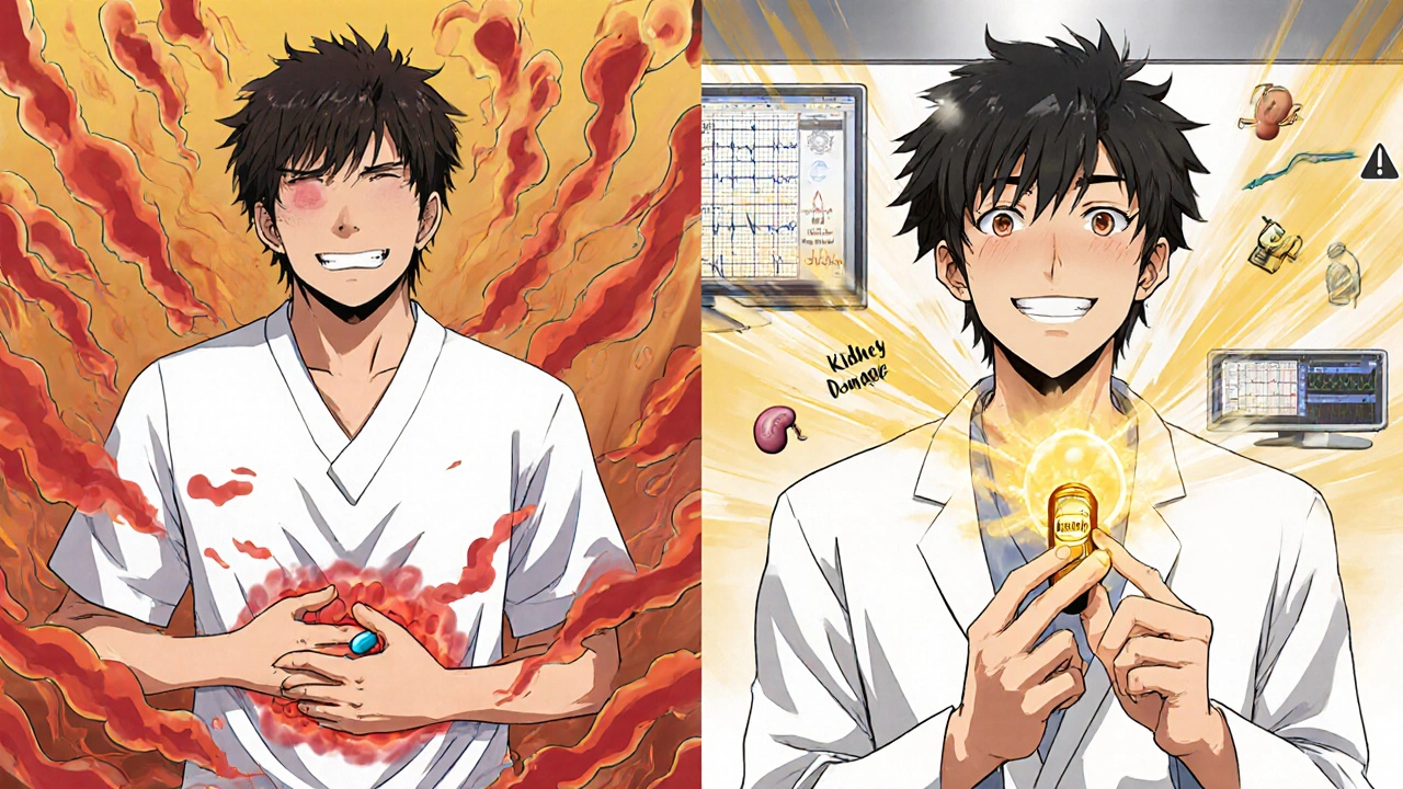 A patient transformed from nausea to calm, holding a combo pill that heals internal damage.