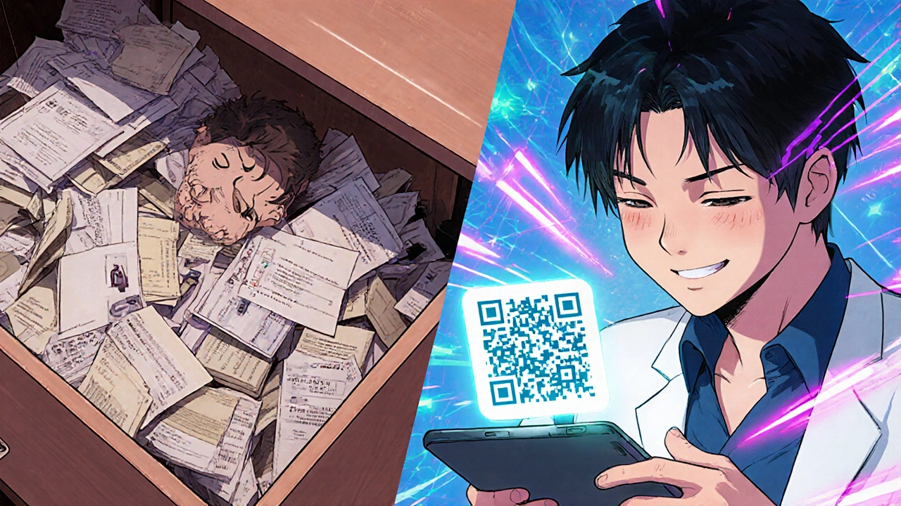 A patient transitioning from searching through clutter to confidently checking their implant info on a tablet with a QR code.