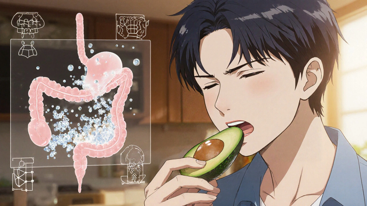 A person eating avocado and peanut butter while swallowing a lipid-based capsule, with internal emulsion visualization.