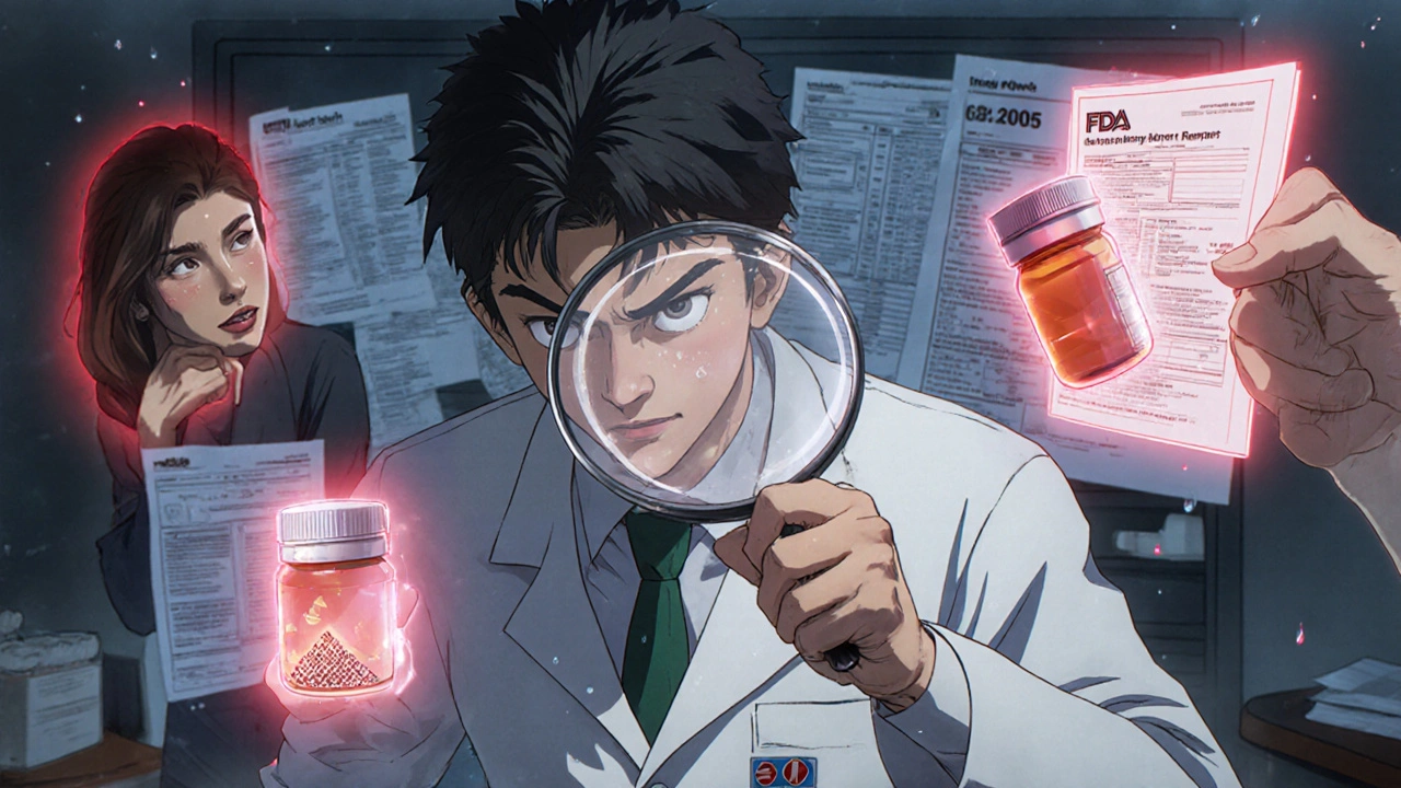 A pharmacist examining a counterfeit pill bottle with a magnifying glass while a patient looks on anxiously.