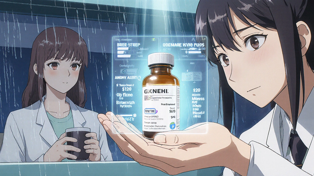 A pharmacist handing a generic pill bottle to a patient, with floating digital data showing cost and safety comparisons.