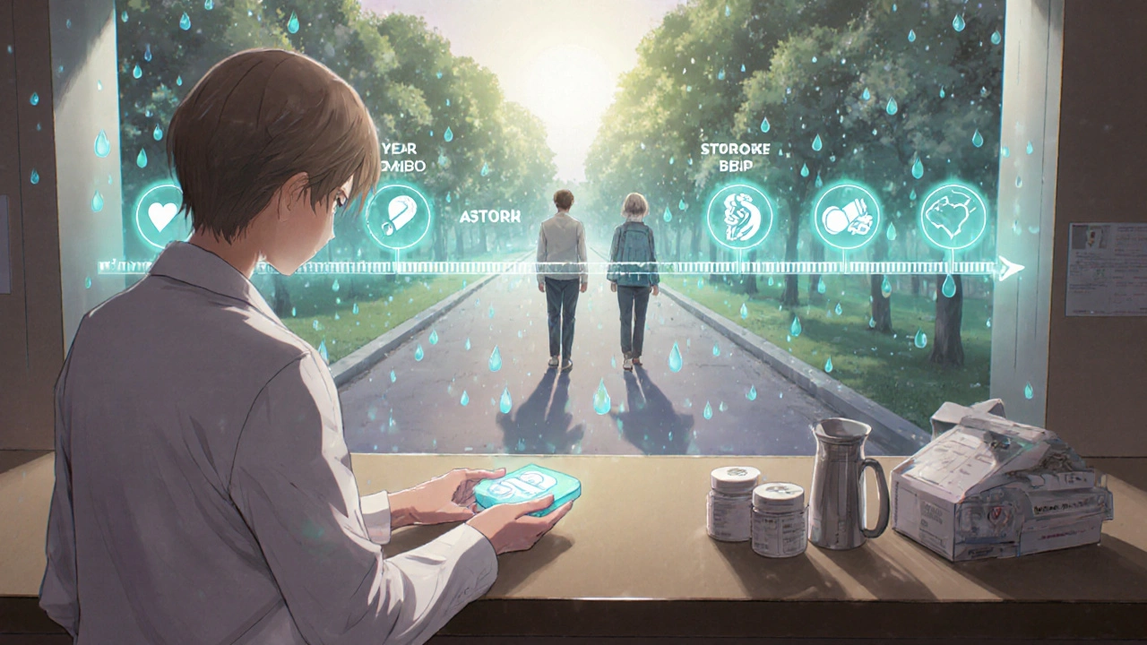 A pharmacist hands a glowing polypill as a hologram shows improved long-term health outcomes.