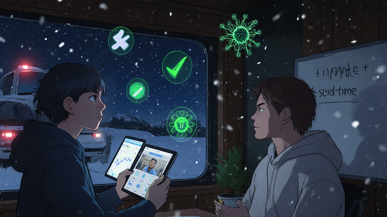 A pharmacist video-calling a rural patient at night, with AI icons floating around them and snow falling outside the window.