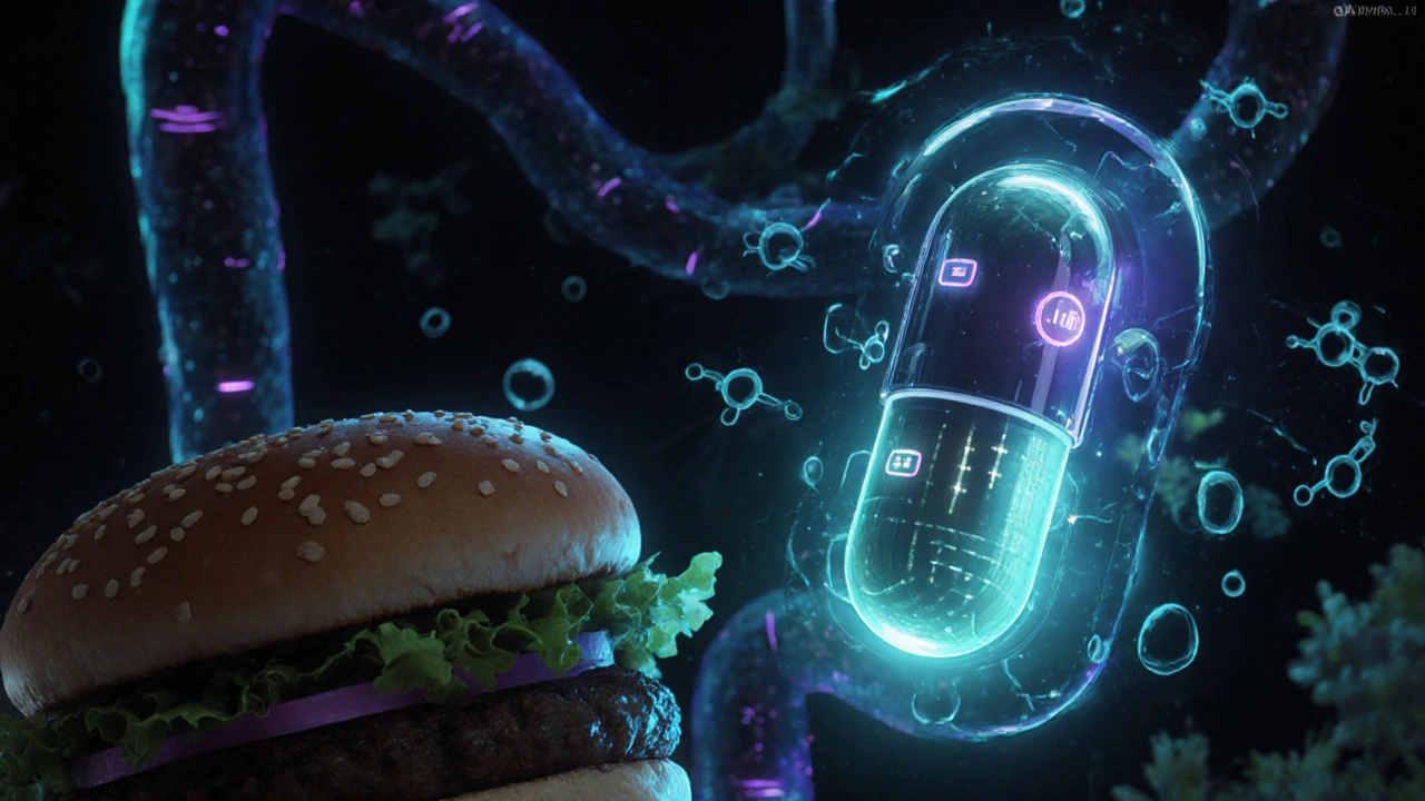 A smart lipid capsule with sensors adjusting drug release as food is digested, surrounded by glowing data streams.